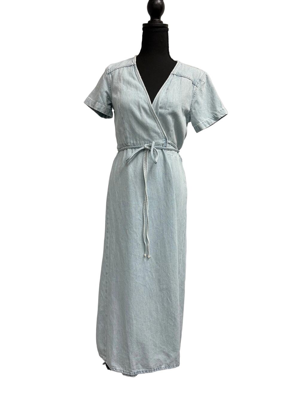 Zara Dress Pale Blue Denim Wrap Maxi Dress with Short Sleeves